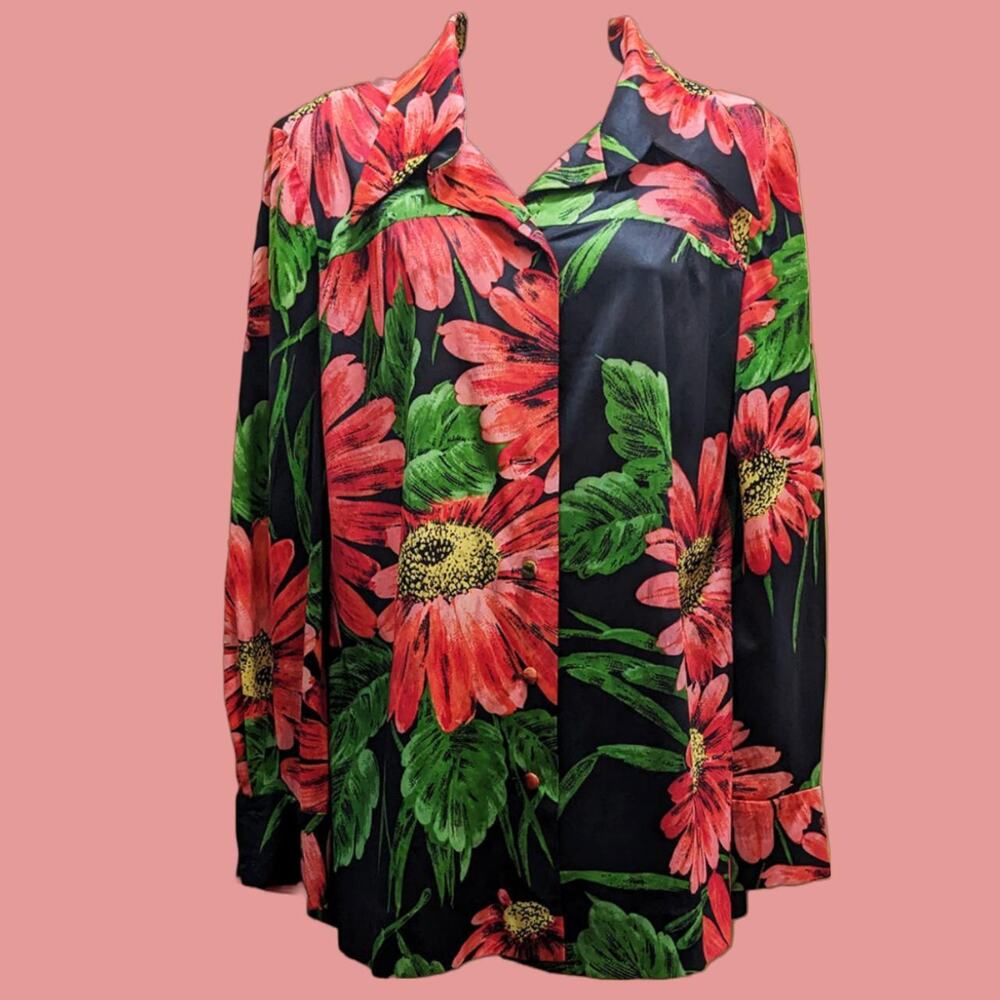 Vintage 1970s Long Sleeve Black and Red Floral Polyester Blouse